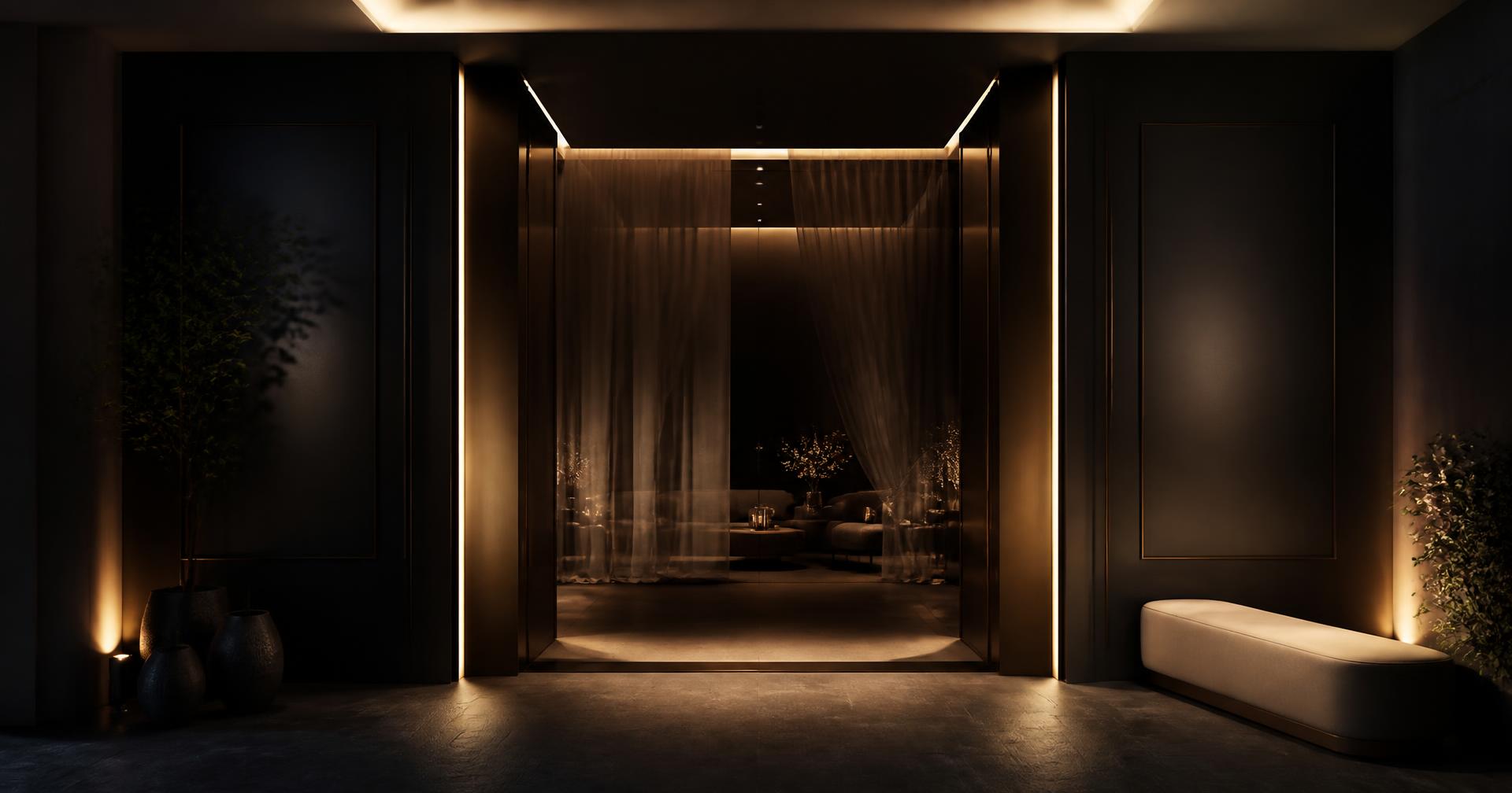 Dark lounge entrance threshold with champagne gold reveal lighting and an ivory bench