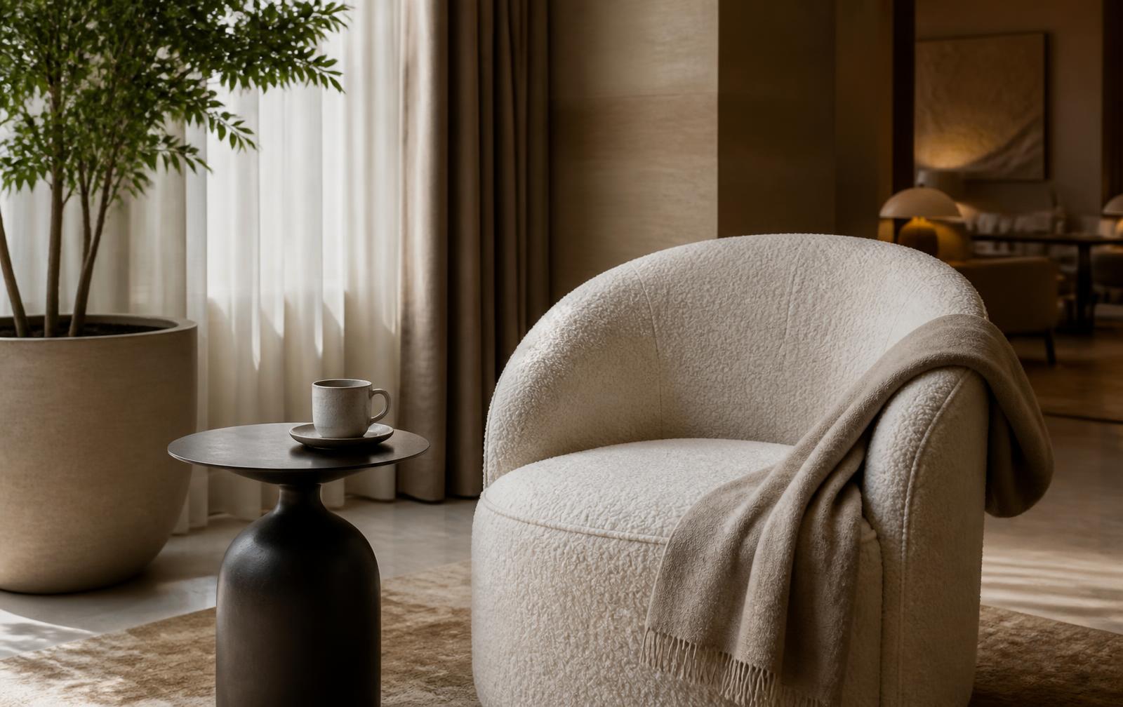 Ivory boucle armchair with a warm throw beside a quiet window in a luxury lounge